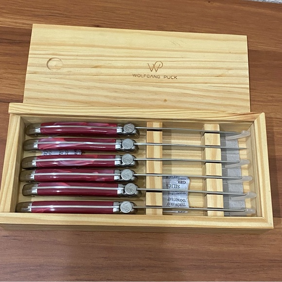 6pcs. WOLFGANG PUCK 4.5” Stainless Steel Steak Knife Set Wood Storage Box Red - Picture 5 of 13